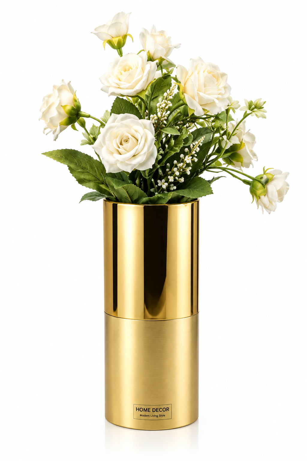 Luxury Gold Metal Flower Vase with Artificial White Roses – Modern Decorative Ce
